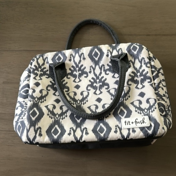 Fit & Fresh Bloomington Lunch Bag Double Handle Zip Ikat Charcoal Gray Cream OS - Picture 4 of 7